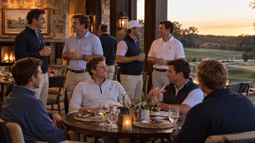Golfers sharing dinner and drinks at the clubhouse